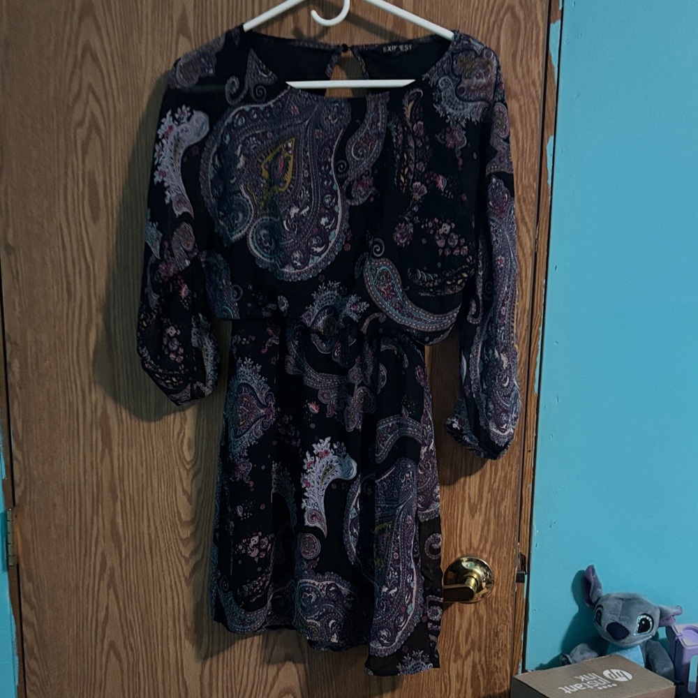 Express Black and Purple Paisley Long Sleeve Dress